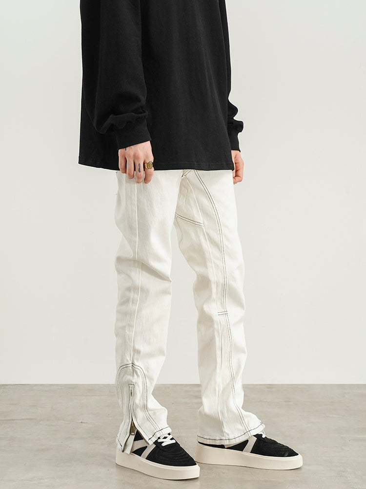 Flared White Jeans With Contour Line Split Zipper