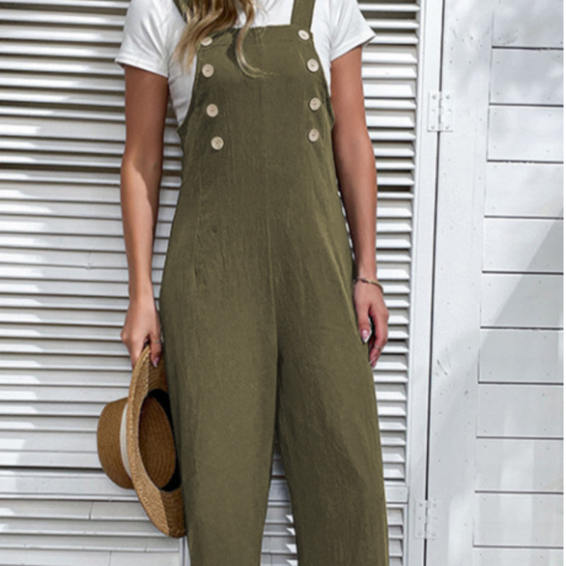 Jungle Green Solid Color Buttoned Straight Overall