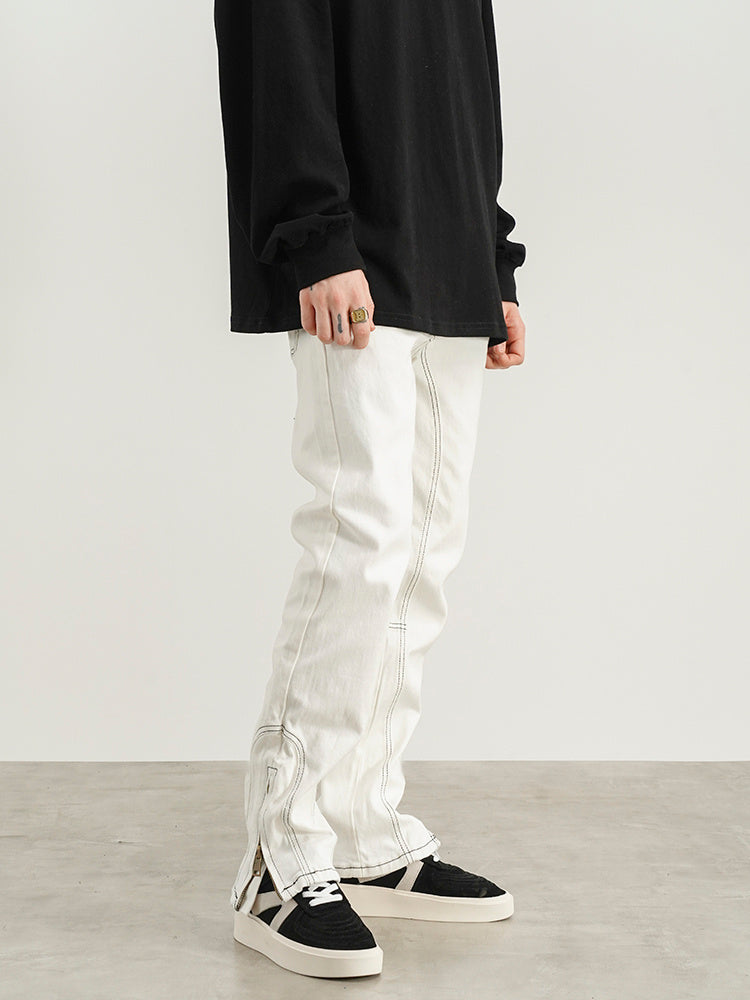 Flared White Jeans With Contour Line Split Zipper