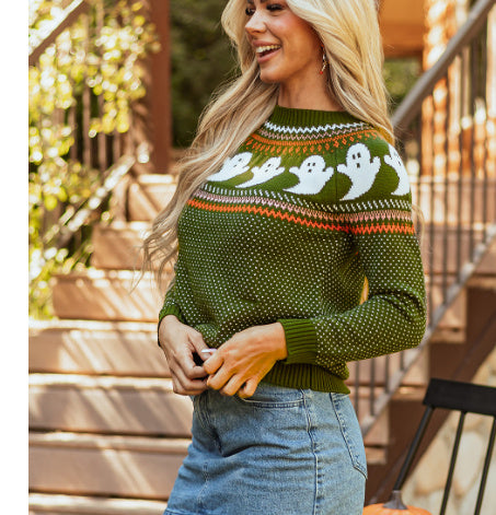 Jungle Green Halloween Ghost Pattern Drop Shoulder Sweater