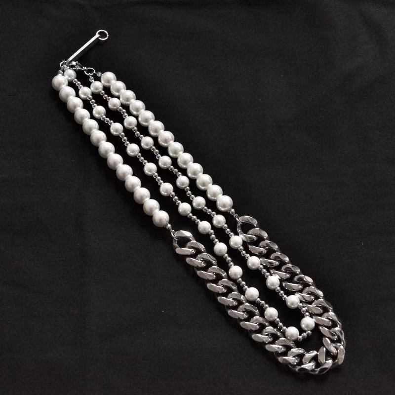 Double-layer Pearl Stacked Cuban Link Chain Stitching Necklace