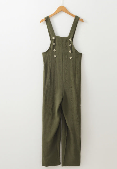 Jungle Green Solid Color Buttoned Straight Leg Overall