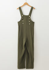 Jungle Green Solid Color Buttoned Straight Leg Overall