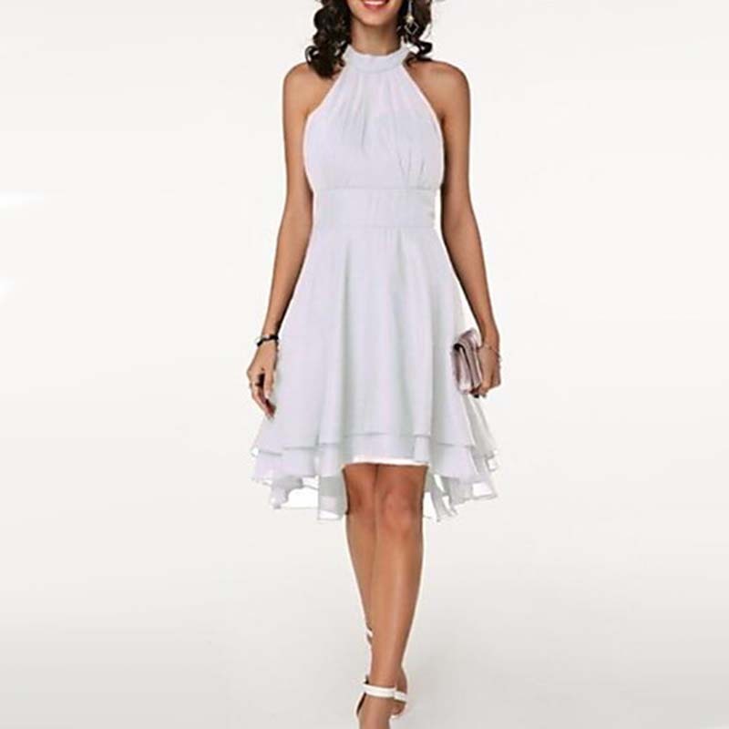 Women'S Fashion Sexy Solid Color Tailoring Layered Sleeveless Chiffon Party Evening Dress