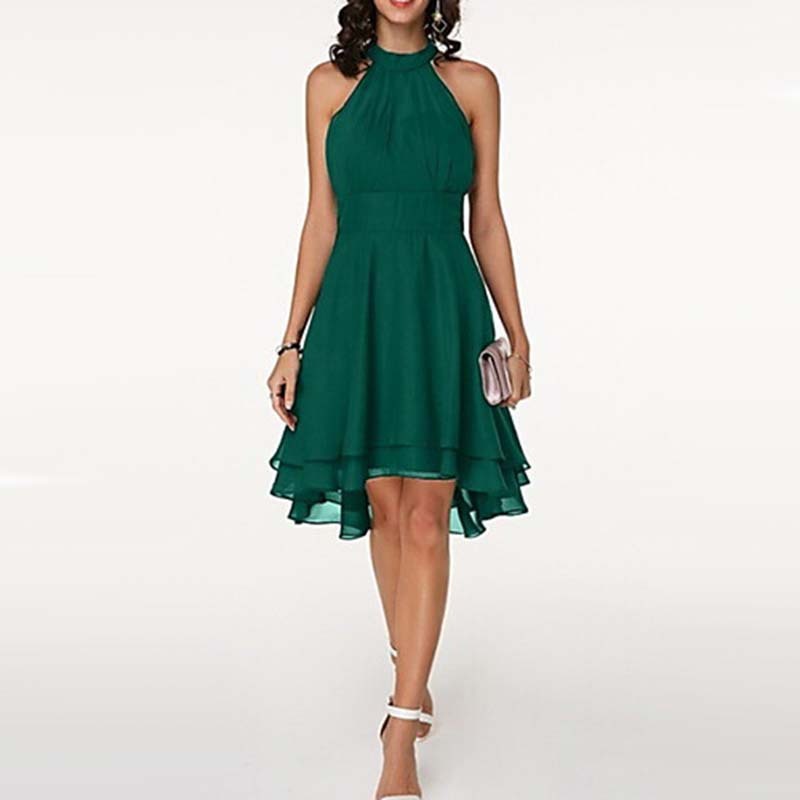 Women'S Fashion Sexy Solid Color Tailoring Layered Sleeveless Chiffon Party Evening Dress