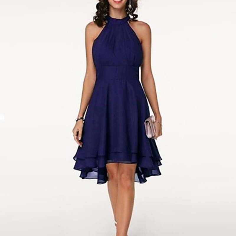 Women'S Fashion Sexy Solid Color Tailoring Layered Sleeveless Chiffon Party Evening Dress