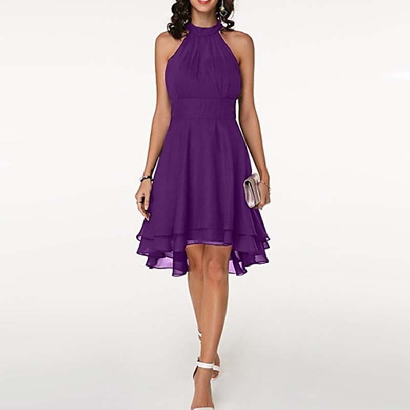 Women'S Fashion Sexy Solid Color Tailoring Layered Sleeveless Chiffon Party Evening Dress