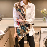 Korean Retro Print Irregular Tailoring Stitching Long-Sleeved Shirt Top Women'S Clothing