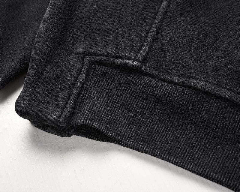 European And American High-Street Washed Short, Personalized Tailoring Side Slit Loose Hooded Sweater