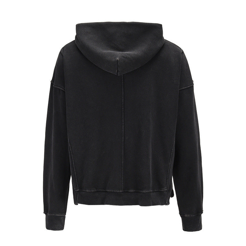 European And American High-Street Washed Short, Personalized Tailoring Side Slit Loose Hooded Sweater