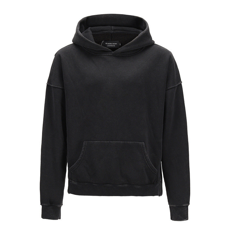 European And American High-Street Washed Short, Personalized Tailoring Side Slit Loose Hooded Sweater