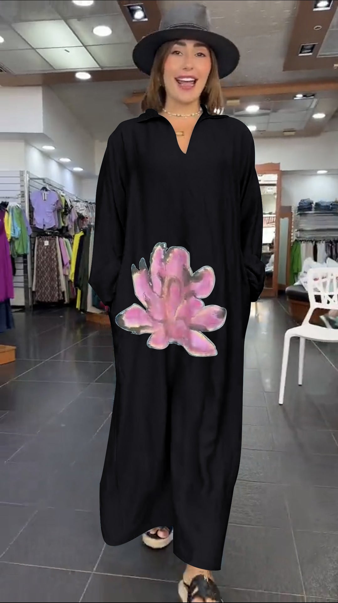 Urban Fashion Loose Flower V-neck Long-sleeve Dress