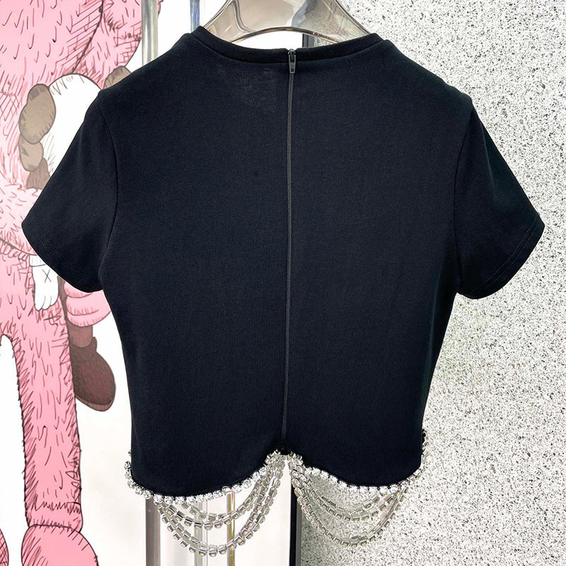 French Heavy Industry Rhinestone Side Three-dimensional Tailoring Is Thin And Short-sleeved Women