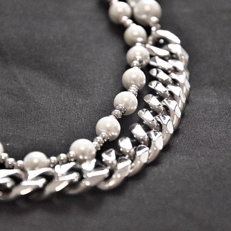 Double-layer Pearl Stacked Cuban Link Chain Stitching Necklace