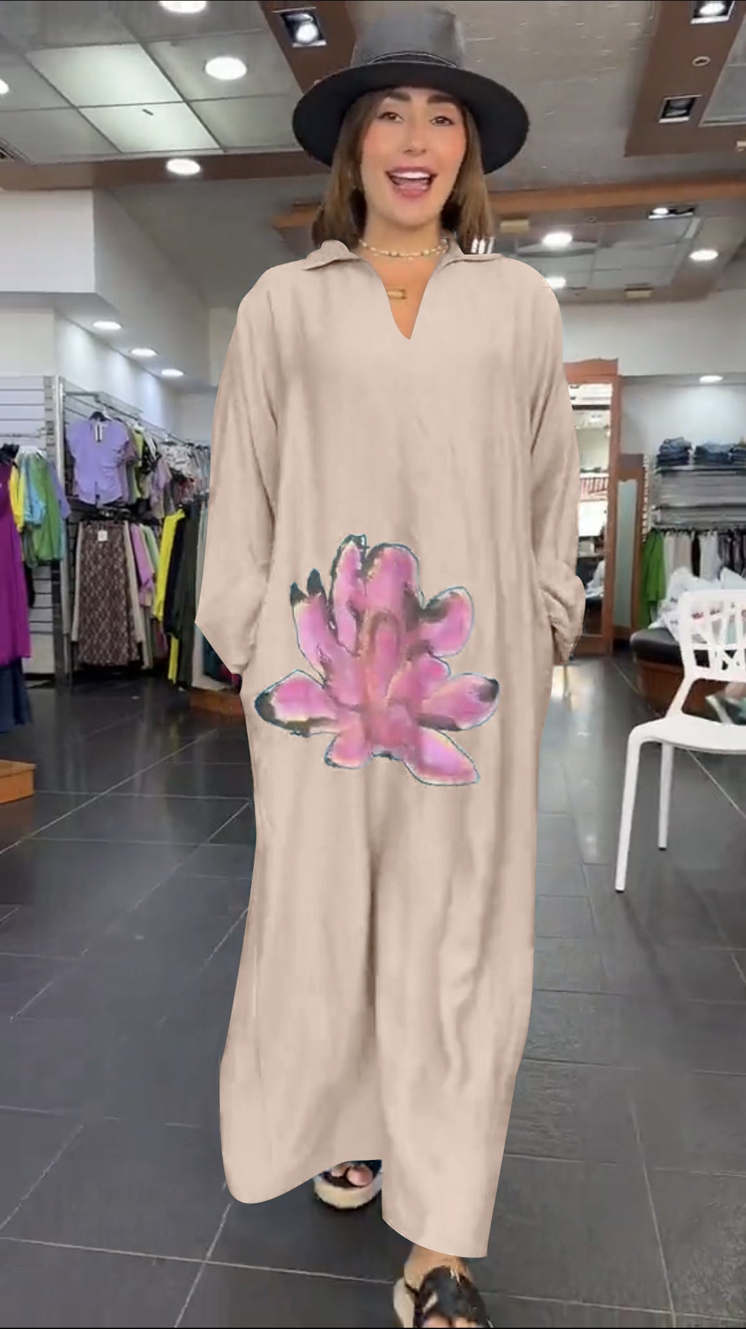 Urban Fashion Loose Flower V-neck Long-sleeve Dress