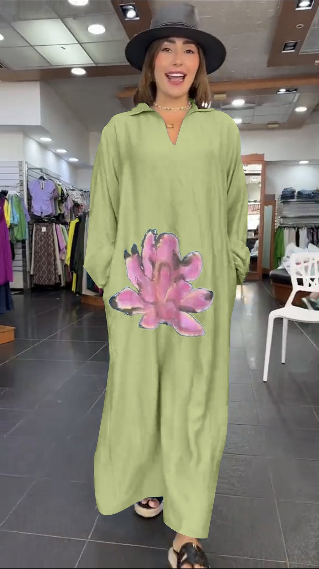 Urban Fashion Loose Flower V-neck Long-sleeve Dress