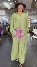 Urban Fashion Loose Flower V-neck Long-sleeve Dress