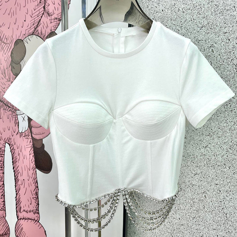 French Heavy Industry Rhinestone Side Three-dimensional Tailoring Is Thin And Short-sleeved Women
