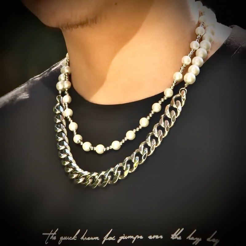 Double-layer Pearl Stacked Cuban Link Chain Stitching Necklace