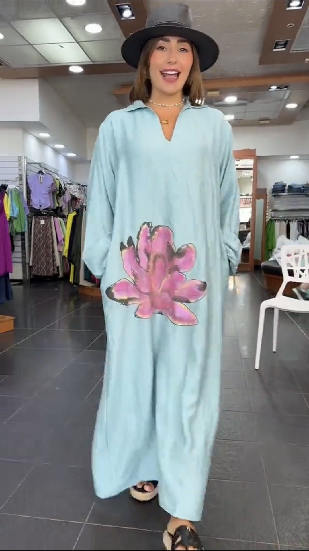 Urban Fashion Loose Flower V-neck Long-sleeve Dress
