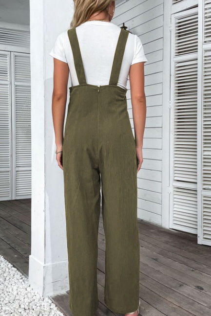 Jungle Green Solid Color Buttoned Straight Leg Overall