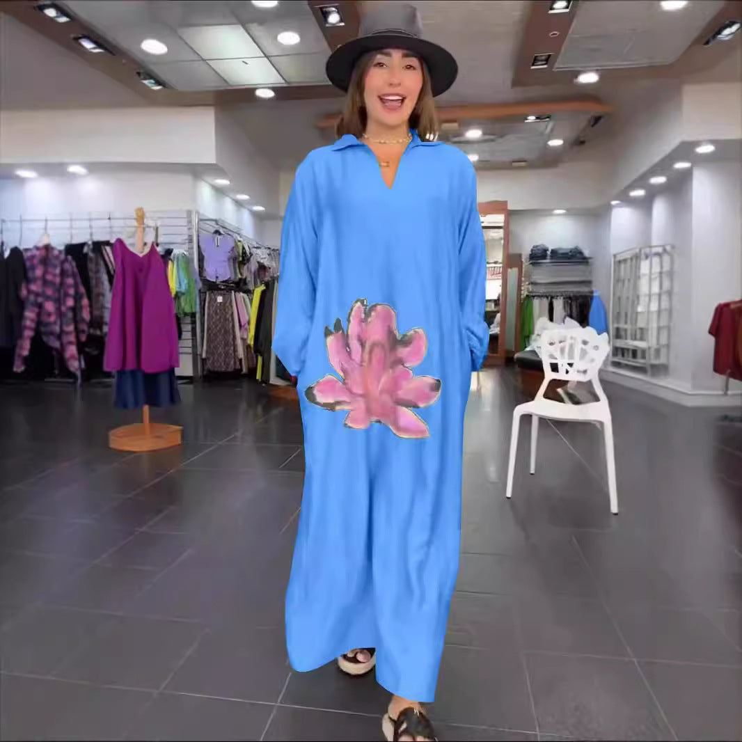 Urban Fashion Loose Flower V-neck Long-sleeve Dress