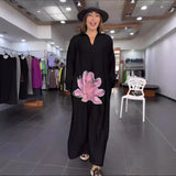 Urban Fashion Loose Flower V-neck Long-sleeve Dress