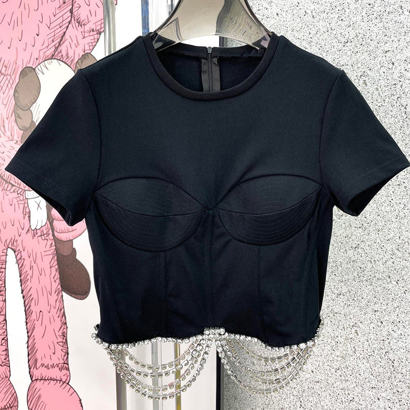 French Heavy Industry Rhinestone Side Three-dimensional Tailoring Is Thin And Short-sleeved Women