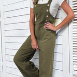 Jungle Green Solid Color Buttoned Straight Leg Overall