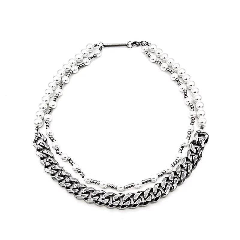 Double-layer Pearl Stacked Cuban Link Chain Stitching Necklace