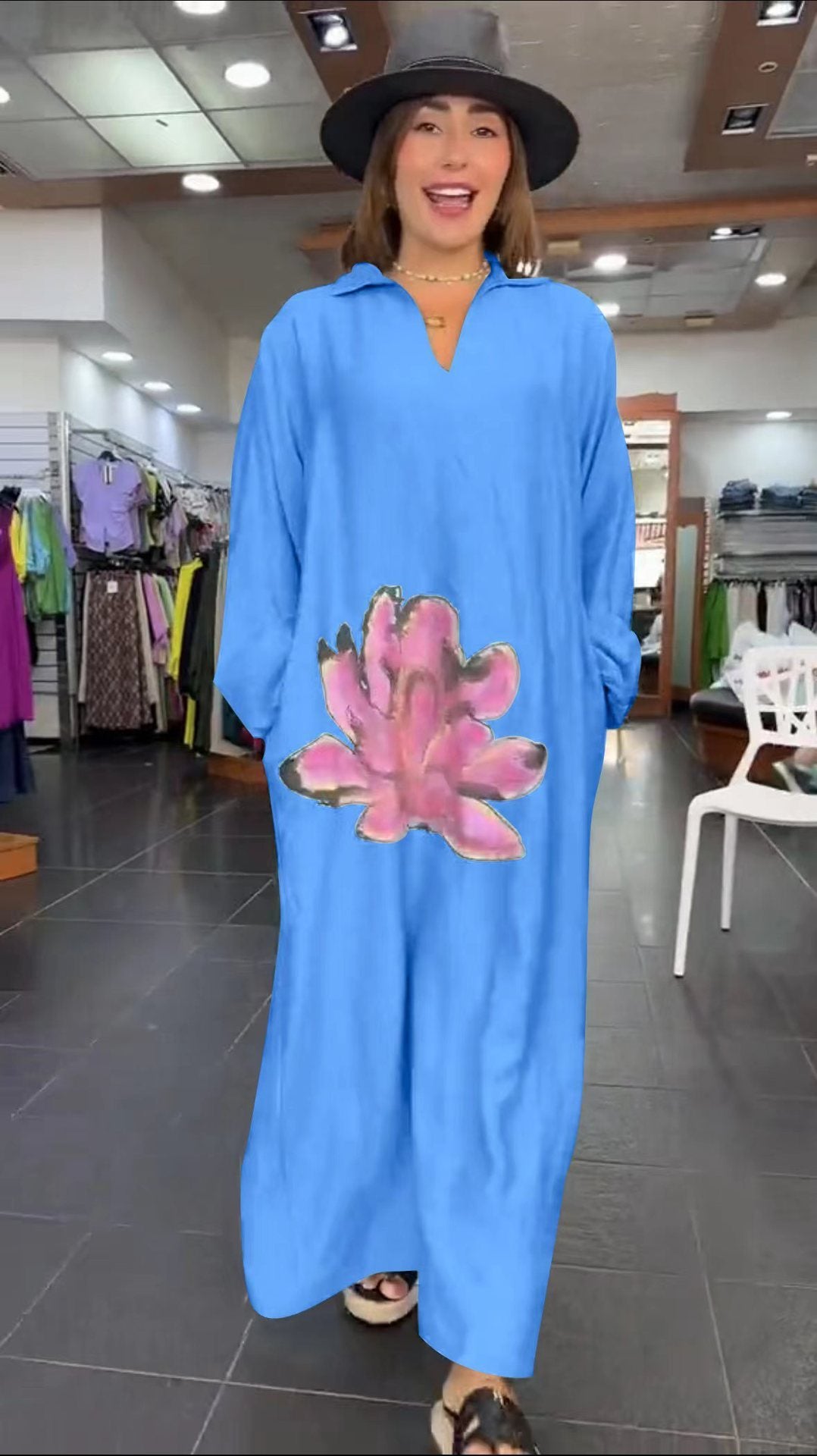 Urban Fashion Loose Flower V-neck Long-sleeve Dress